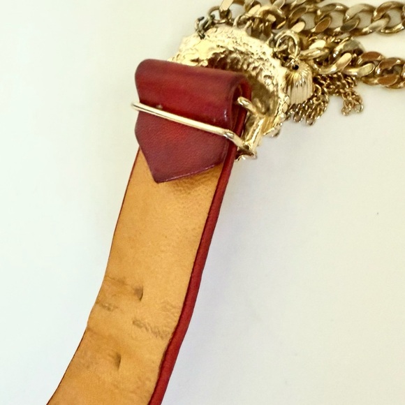 Vintage 80s Accessocraft NYC Signed Gold Lion Head Chain Tassel Buckle Belt - Picture 8 of 11